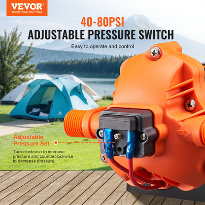 12V membranpump, 1,8 GPM (6,81 L/min), 3-kammars 12-volts DC-vattenpump med automatisk tryckbrytare 2,7–6,9 bar (40–100 PSI) justerbar, 4 bar (60 PSI), 12,7 mm (1/2 tum) MNPT-port, för husbil, yacht, food truck, husbil, marin