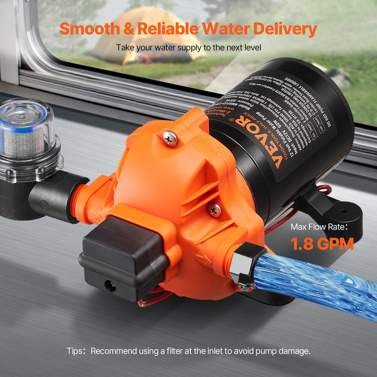 12V membranpump, 1,8 GPM (6,81 L/min), 3-kammars 12-volts DC-vattenpump med automatisk tryckbrytare 2,7–6,9 bar (40–100 PSI) justerbar, 4 bar (60 PSI), 12,7 mm (1/2 tum) MNPT-port, för husbil, yacht, food truck, husbil, marin