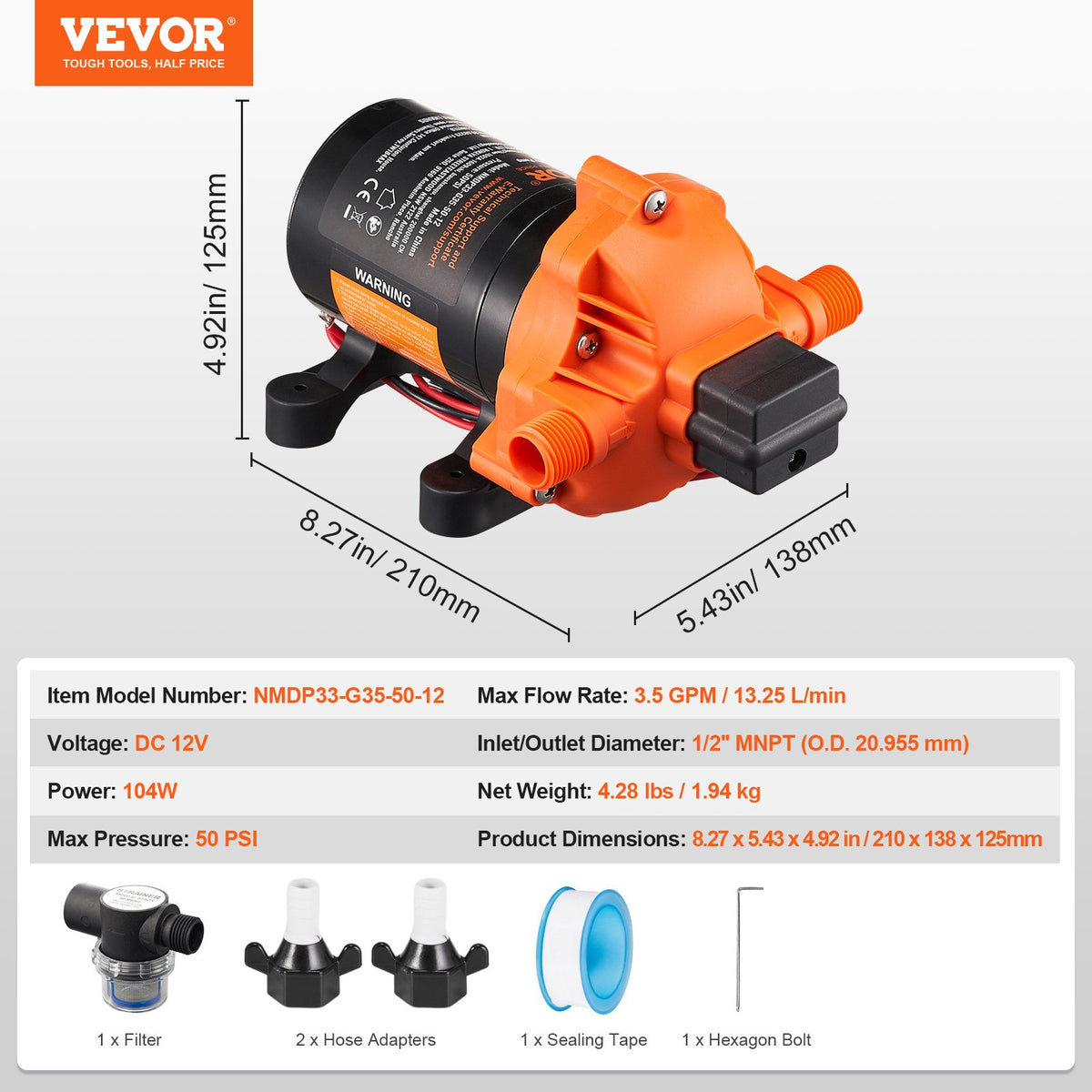 12V membranpump, 3,5 GPM (13,25 L/min), 3-kammars 12-volts DC-vattenpump med automatisk tryckbrytare 2,7–6,9 bar (40–100 PSI) justerbar, 3,4 bar (50 PSI), 12,7 mm (1/2 tum) MNPT-port, för husbil, yacht, food truck, husbil, marin