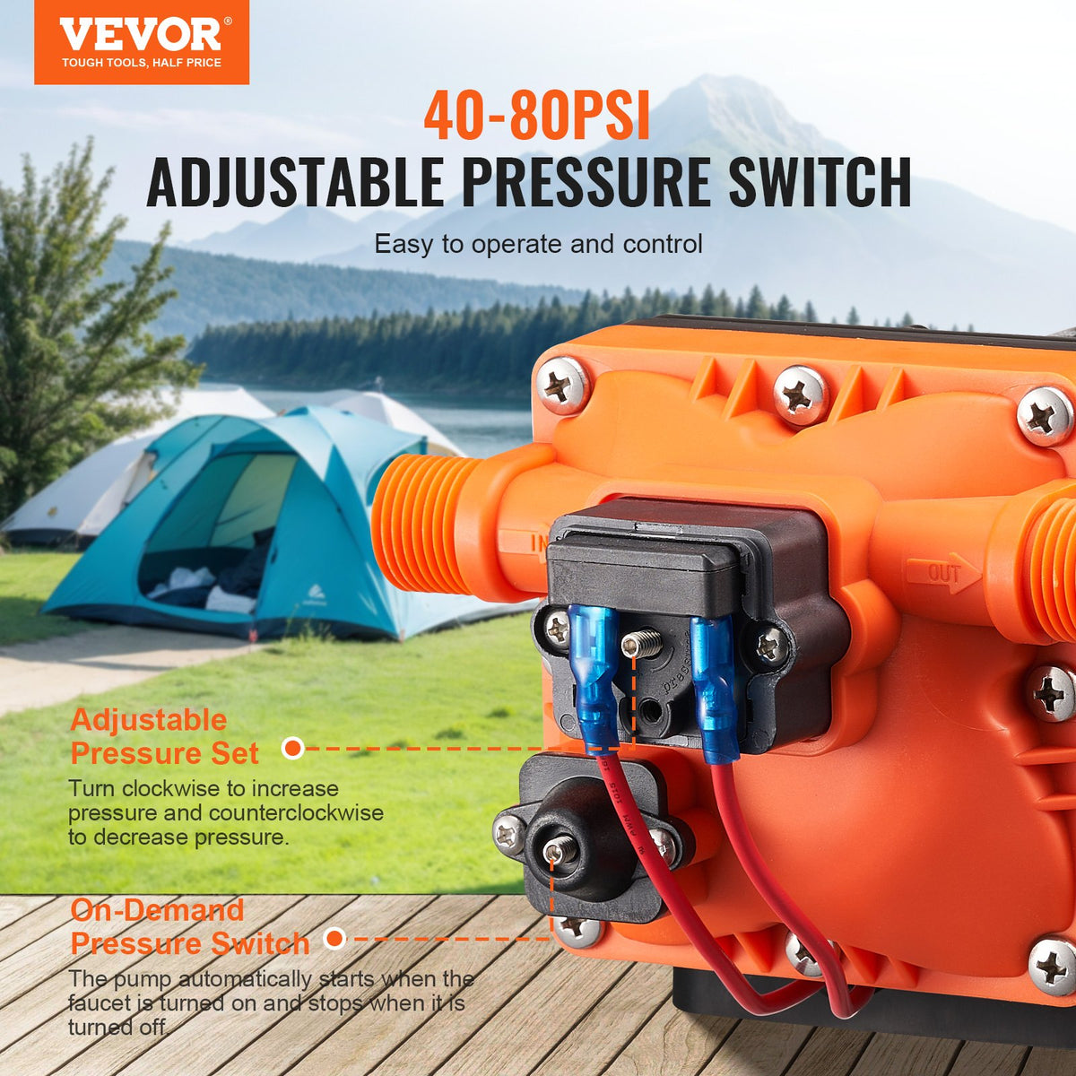 12V membranpump, 3 GPM (11,36 L/min), 4-kammars 12-volts DC-vattenpump med automatisk tryckbrytare 2,7–6,9 bar (40–100 PSI) justerbar, 3,8 bar (55 PSI), 12,7 mm (1/2 tum) MNPT-port, för husbil, yacht, food truck, husbil, marin