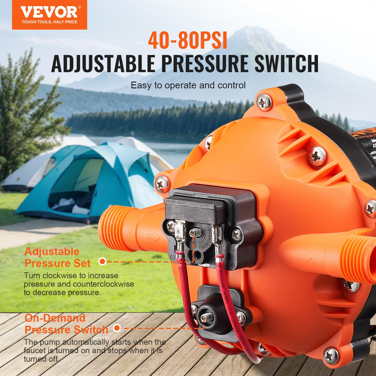 12V membranpump, 5 GPM (18,93 L/min), 5-kammars 12V DC vattenpump med automatisk tryckbrytare 2,7–6,9 bar (40–100 PSI) justerbar, 12,7 mm (1/2 tum) MNPT-port, för jordbruksbevattning, dränering av byggarbetsplatser