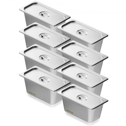 8-pack hotellpannor, 1/3-storlek ångpanna med lock, 0,8 mm tjock ångpanna i rostfritt stål, 6-tums djup kommersiell bordsform, förvaringsform för catering, för industri och vetenskap
