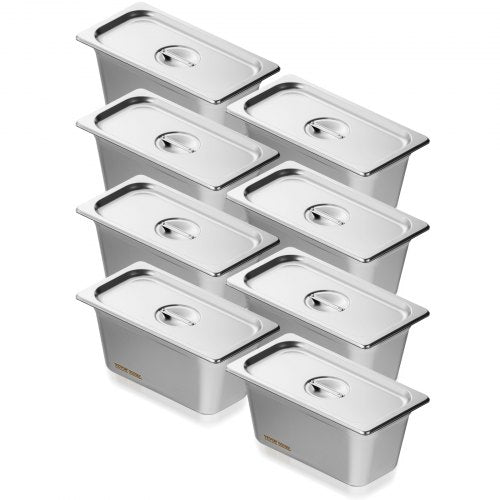 8-pack hotellpannor, 1/3-storlek ångpanna med lock, 0,8 mm tjock ångpanna i rostfritt stål, 6-tums djup kommersiell bordsform, förvaringsform för catering, för industri och vetenskap