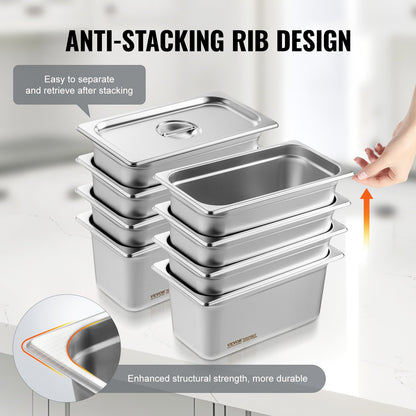8-pack hotellpannor, 1/3-storlek ångpanna med lock, 0,8 mm tjock ångpanna i rostfritt stål, 6-tums djup kommersiell bordsform, förvaringsform för catering, för industri och vetenskap