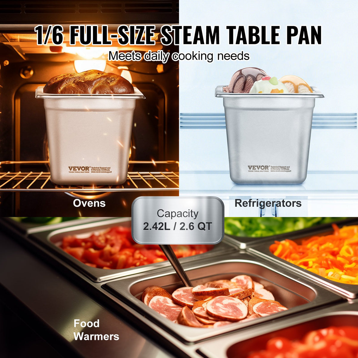 6-pack hotellpannor, ångpanna i storlek 1/6 med anti-jam-funktion, 0,8 mm tjock ångpanna i rostfritt stål för restaurang, 6 tum djup kommersiell bordsform, förvaringsform för catering, för industri och vetenskap