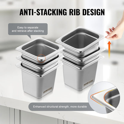 6-pack hotellpannor, ångpanna i storlek 1/6 med anti-jam-funktion, 0,8 mm tjock ångpanna i rostfritt stål för restaurang, 6 tum djup kommersiell bordsform, förvaringsform för catering, för industri och vetenskap