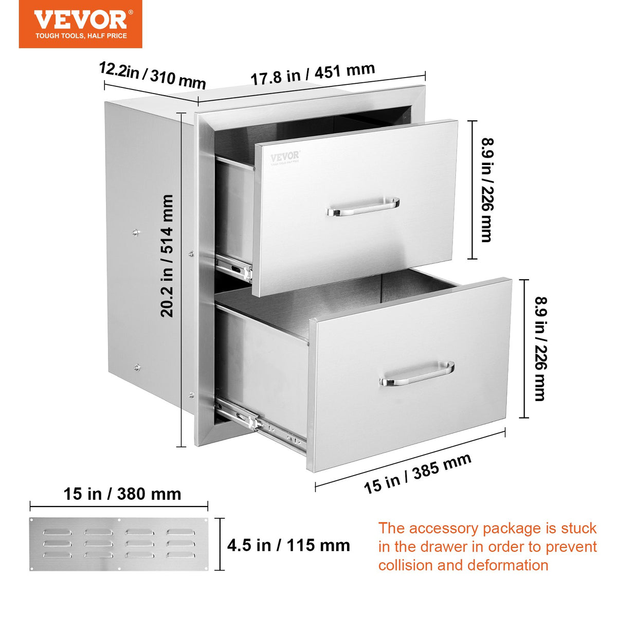 Utomhuskökslådor 18B x 20,6H x 12,7D tum, infällda dubbla grilllådor i rostfritt stål med handtag, grillö för utomhuskök eller uteplatsgrillstation