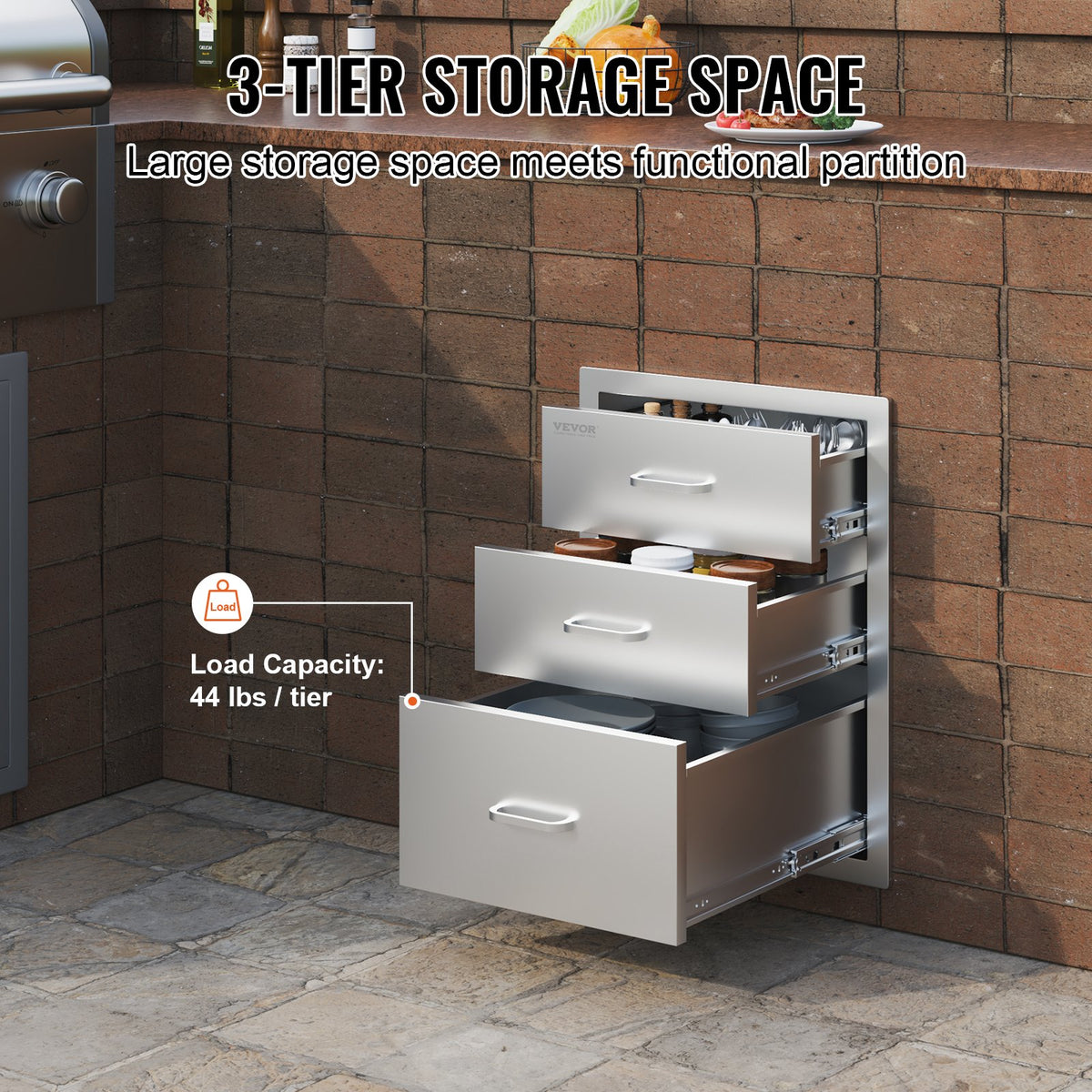 18x23 Inch Outdoor Kitchen Stainless Steel Triple Access BBQ Drawers with Chrome Handle, 18 x23 x 23 Inch