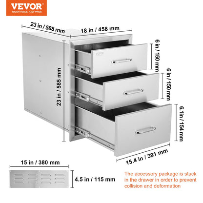 18x23 Inch Outdoor Kitchen Stainless Steel Triple Access BBQ Drawers with Chrome Handle, 18 x23 x 23 Inch