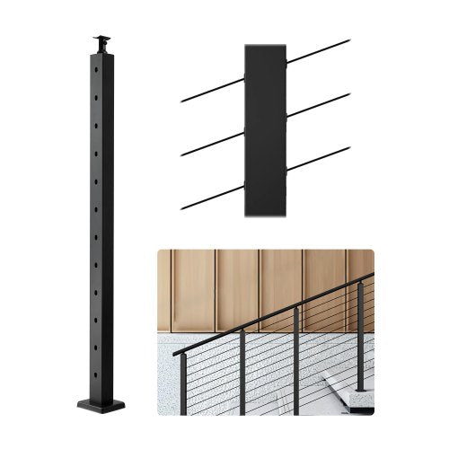 Kabelräckesstolpe, 42x1x2 tum trappräckesstolpe, med förborrade 30° vinklade hål, kabelräckesstolpe i rostfritt stål med horisontellt och böjt fäste, 1-pack, svart, 1JZLGZXHS106VRA3X001V0
