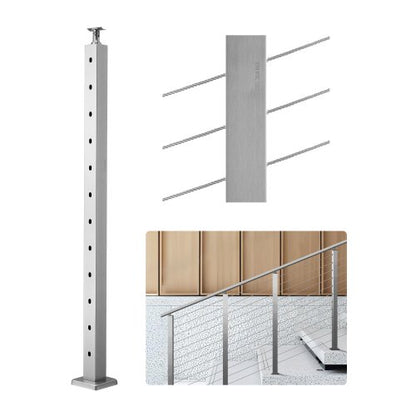 Kabelräckesstolpe, 42x2x2 tum trappräckesstolpe, med förborrade 30° vinklade hål, kabelräckesstolpe i rostfritt stål med horisontellt och böjt fäste, 1-pack, silver, 1JZLGZXYS1062TLWC001V0