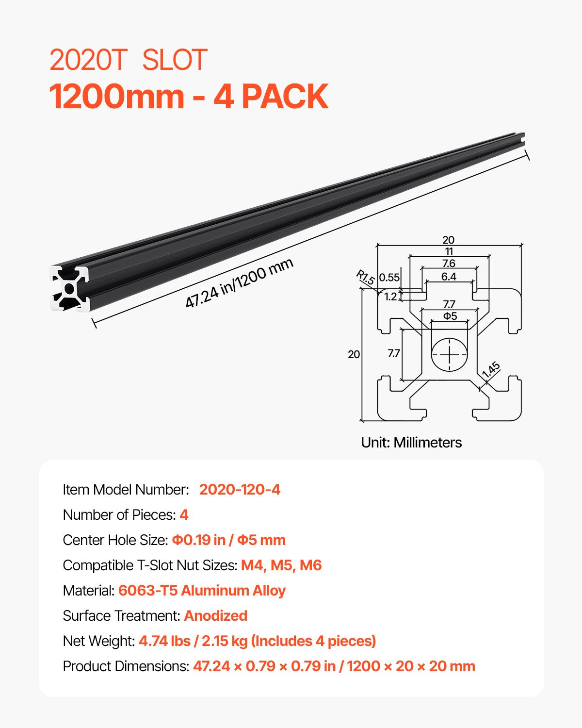 4 st. 47,2 tum (1200 mm) T-spår 2020 aluminiumprofil, anodiserad linjär skena enligt europeisk standard, höghållfast extruderad aluminiumskena för 3D-skrivare, CNC-maskin DIY, lasergravering, svart