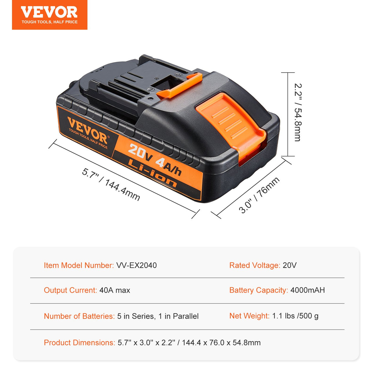 20V 4,0Ah litiumjonbatteri - Högkapacitetsbatteri för elverktyg, kompatibelt med 20V sladdlösa elverktyg