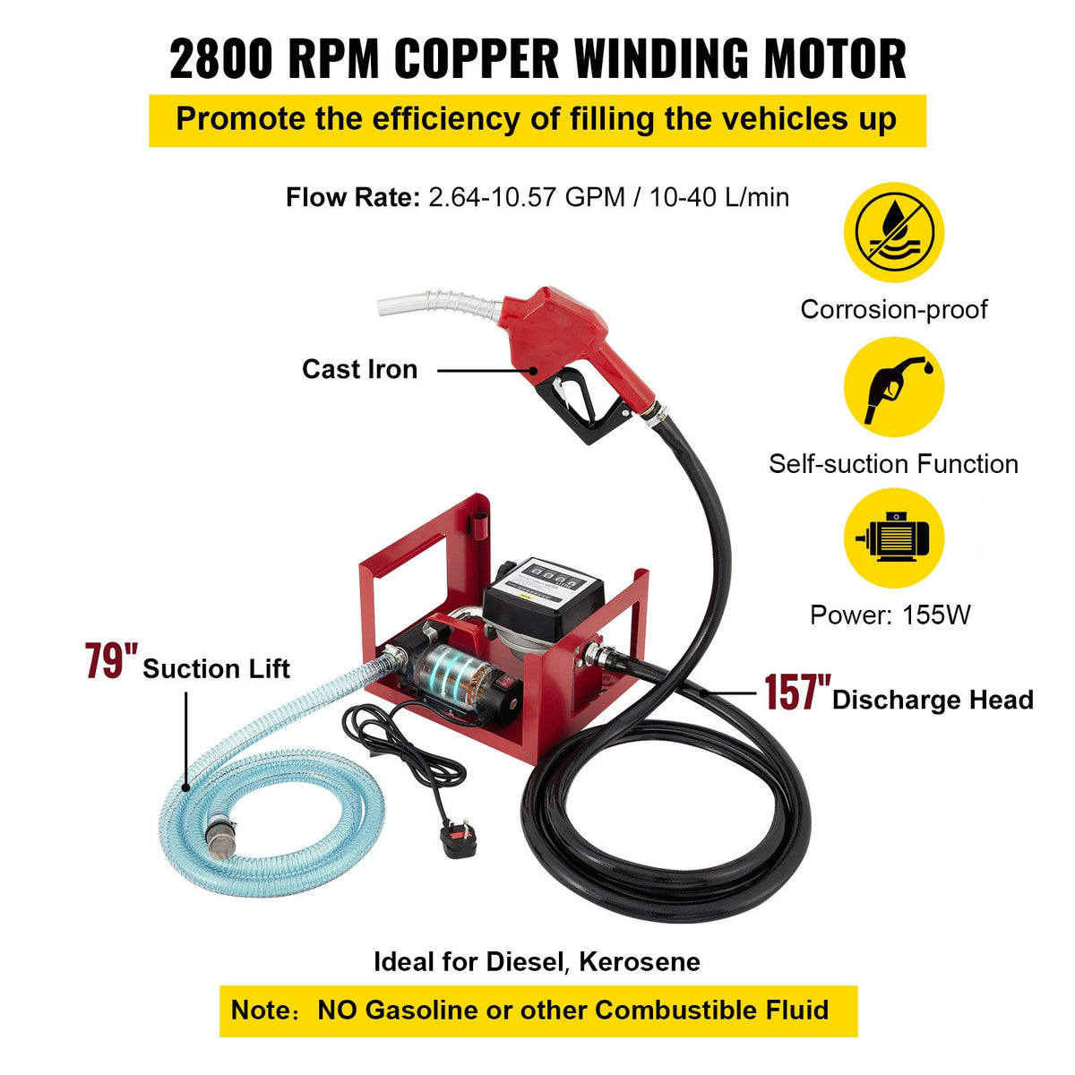 40 L dieselpump, eldningsoljepump, 300 W självsugande oljepump, oljesugpump, självsugande, dieselbränsleöverföringspump, automatisk räknarpump
