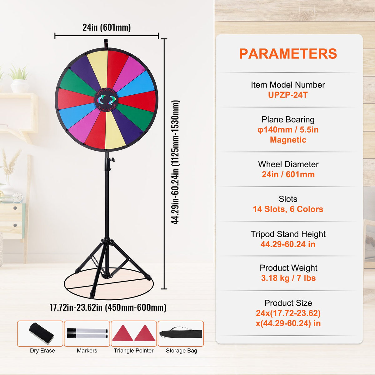 24” Color Prize Wheel Tripod Floor Stand Color Prize Wheel 14 Slots Dry Ease Fortune Spinner Fortune Spinning Game