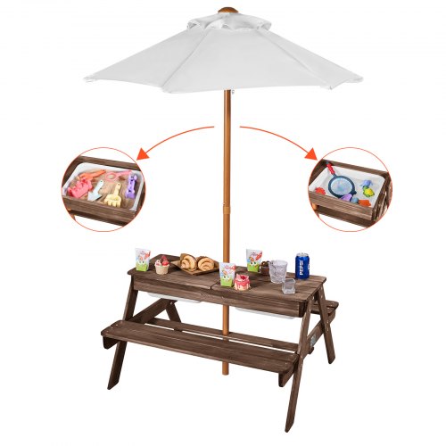 Picknickbord för barn med parasoll, 3-i-1 sand- och vattenbord, utomhusset med träbord och bänk med 2 brickor, utemöbler för 4 personer för trädgård, bakgård och veranda (valnöt)