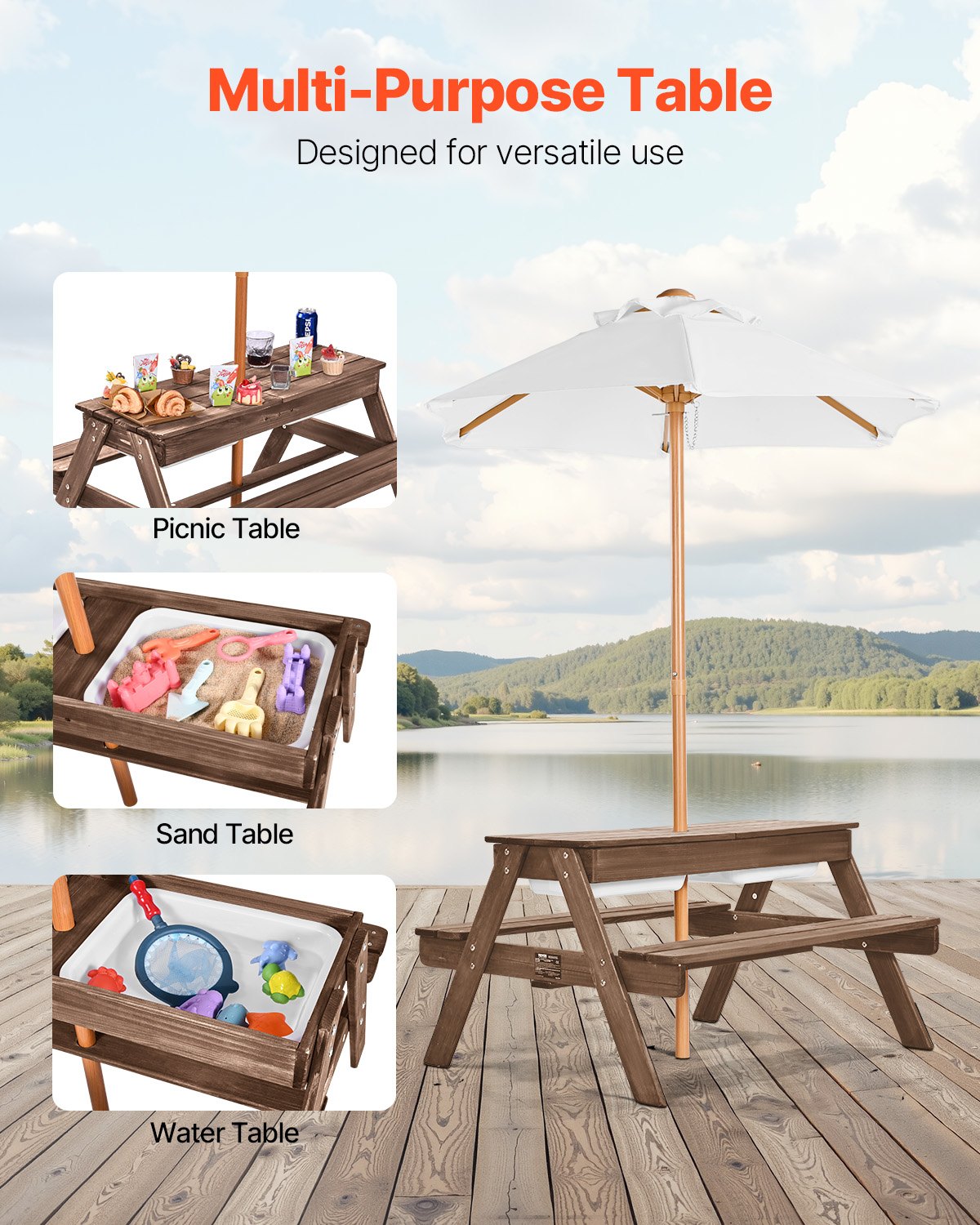 Picknickbord för barn med parasoll, 3-i-1 sand- och vattenbord, utomhusset med träbord och bänk med 2 brickor, utemöbler för 4 personer för trädgård, bakgård och veranda (valnöt)