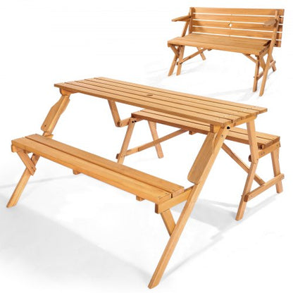 2-i-1 transformerande utbytbart picknickbord, utomhusset med träbord och bänk, bärbar hopfällbar bänk med parasollhål, uteplatsmöbler för trädgård, bakgård, veranda (brun)
