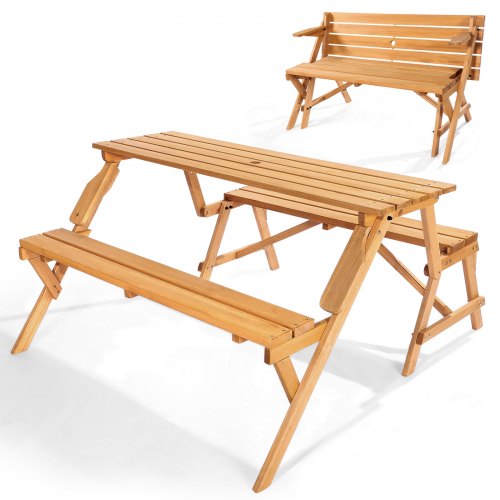 2-i-1 transformerande utbytbart picknickbord, utomhusset med träbord och bänk, bärbar hopfällbar bänk med parasollhål, uteplatsmöbler för trädgård, bakgård, veranda (brun)