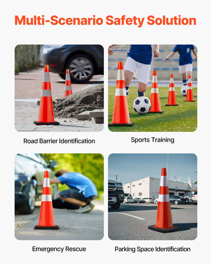 6-pack 36" trafikkoner, säkerhetskon för parkering på väg med svart viktad bas, orange PVC-trafiksäkerhetskoner, varningskoner, reflexkragar för byggtrafikparkering