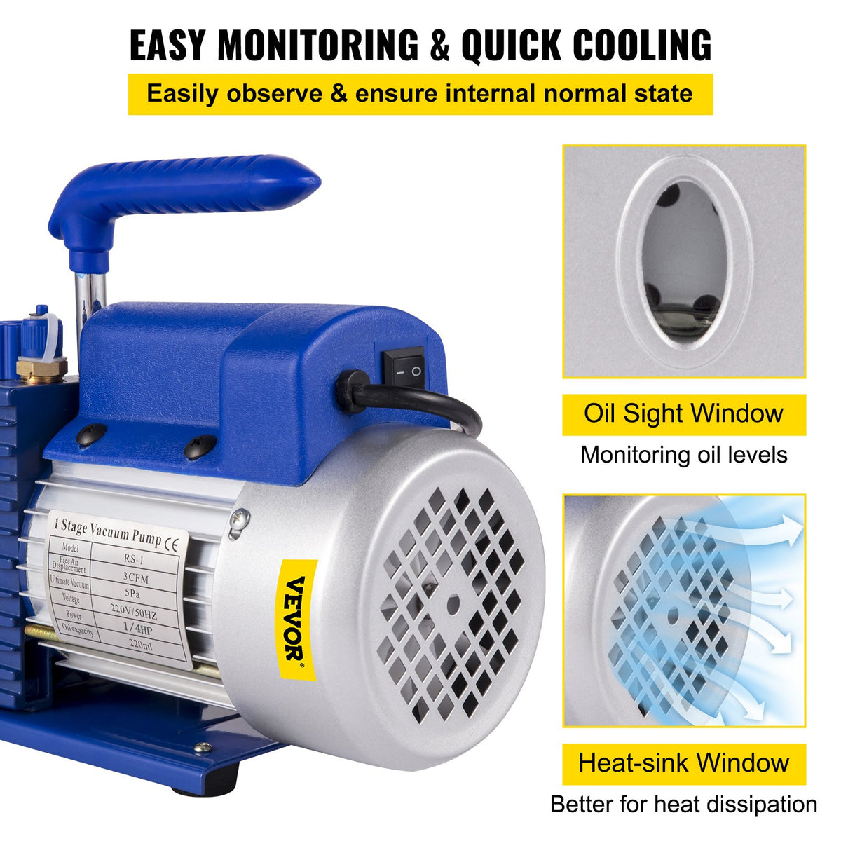 183 L/min (3 CFM) 246 W (1/3 hk) vakuumpump Vakuumpump 117 L/min (1,8 CFM) 1-stegs kylvakuumpump Vakuumkammare 1440 varv/min för vakuumpumpning med R12, R22 eller R134a som kylmedium