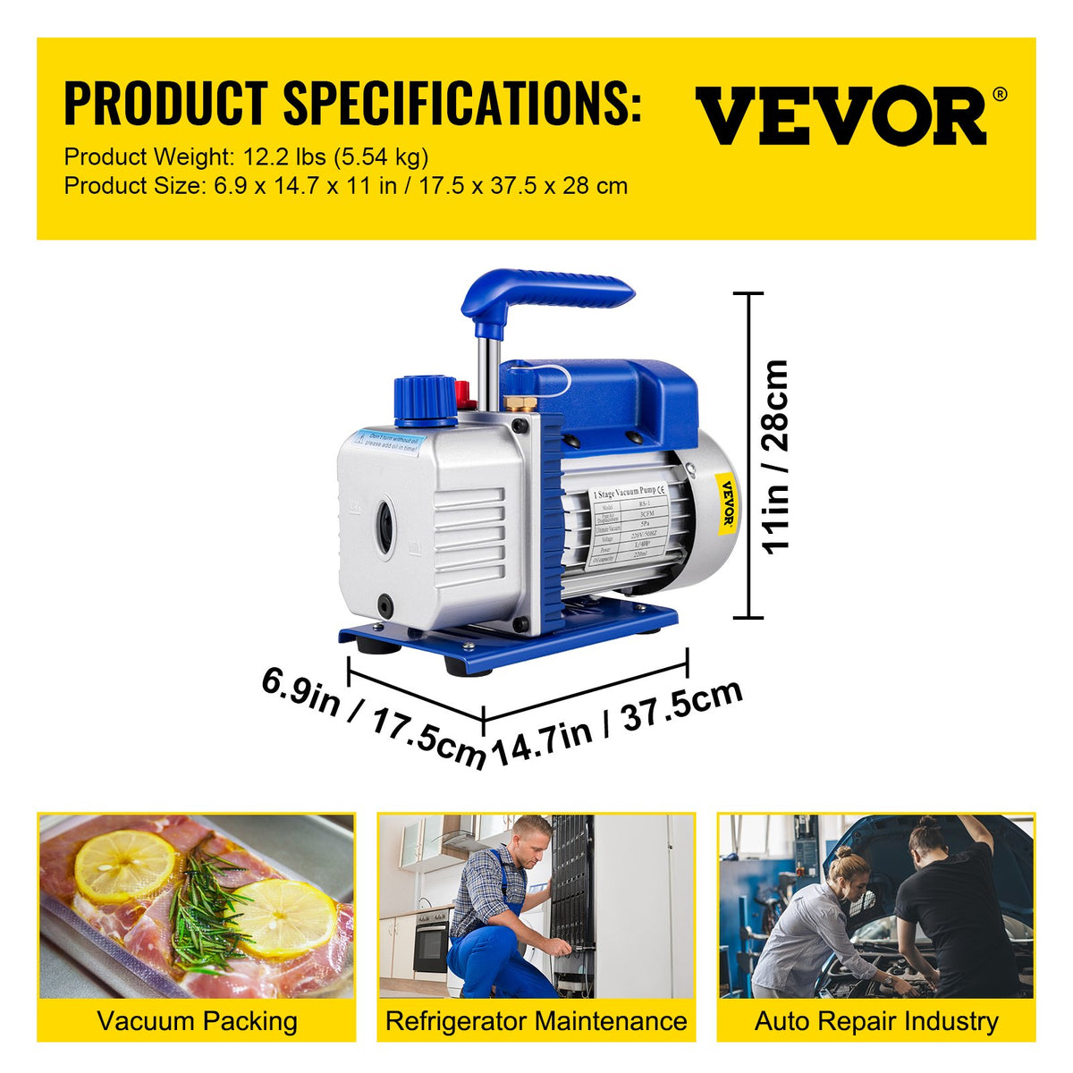 183 L/min (3 CFM) 246 W (1/3 hk) vakuumpump Vakuumpump 117 L/min (1,8 CFM) 1-stegs kylvakuumpump Vakuumkammare 1440 varv/min för vakuumpumpning med R12, R22 eller R134a som kylmedium