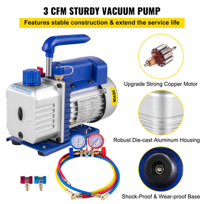 3CFM 1/4HP Kylmedelsvakuumpumpsats, 84 L/min Kylmedelsstyrda verktyg HVAC Enstegs AC-vakuumpump A/C-grenrörsmätare Kylmedel (3CFM 1/4HP)