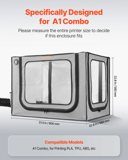 3D Printer Enclosure with Ventilation, Dustproof Waterproof Large Size 600D Oxford Cloth 3D Printer Tent, Constant Temperature Protective Case with LED, Designed for Bambu Lab A1 Combo, Grey