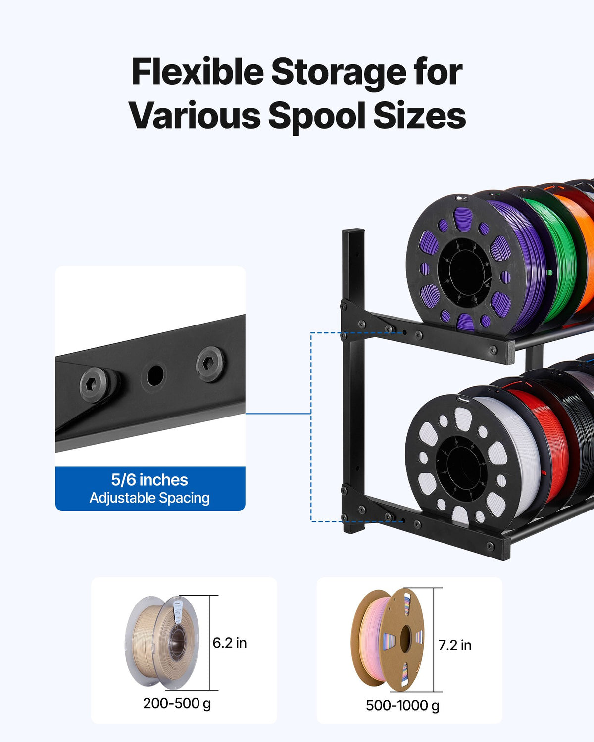 Väggmonterat förvaringsställ för skrivare med filament, väggfäste med 2 våningar för förvaring, rullande trådspolhållare, ställ med hjul, organiserade filament för 3D-utskriftsstudio, verkstad (endast hylla)