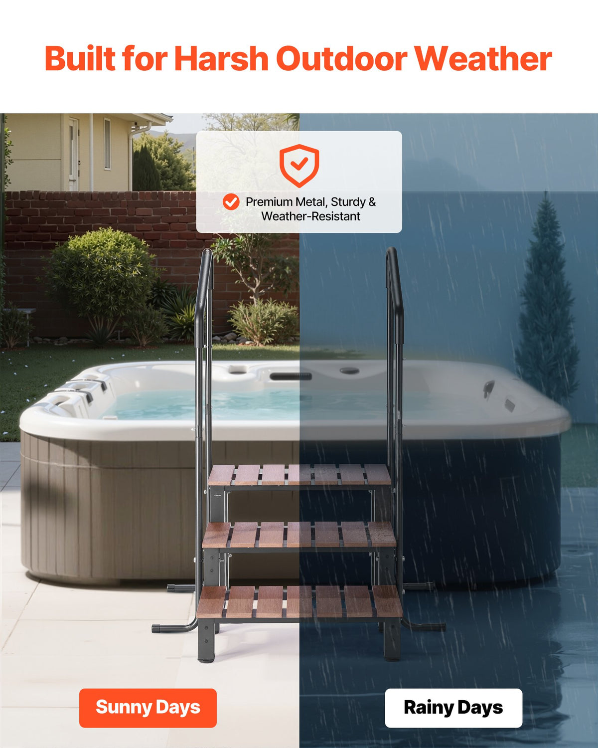 Stege för bubbelpool med ledstång, 3-stegs spa-utomhustrappa, kraftig 640,1 mm bred ovanmarks-/uppblåsbar poolstege med 249,5 kg viktkapacitet, mångsidig för veranda, uteplats, däck, husvagnar