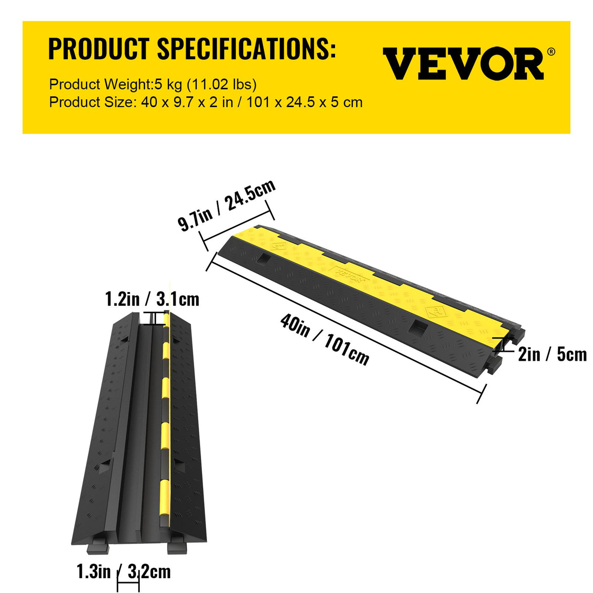 Cable Protector 101x24.5x5cm 3 Pack of 2 4989.5 kg per Axle Capacity Protective Wire Cord Ramp Driveway Rubber Traffic Speed Bumps