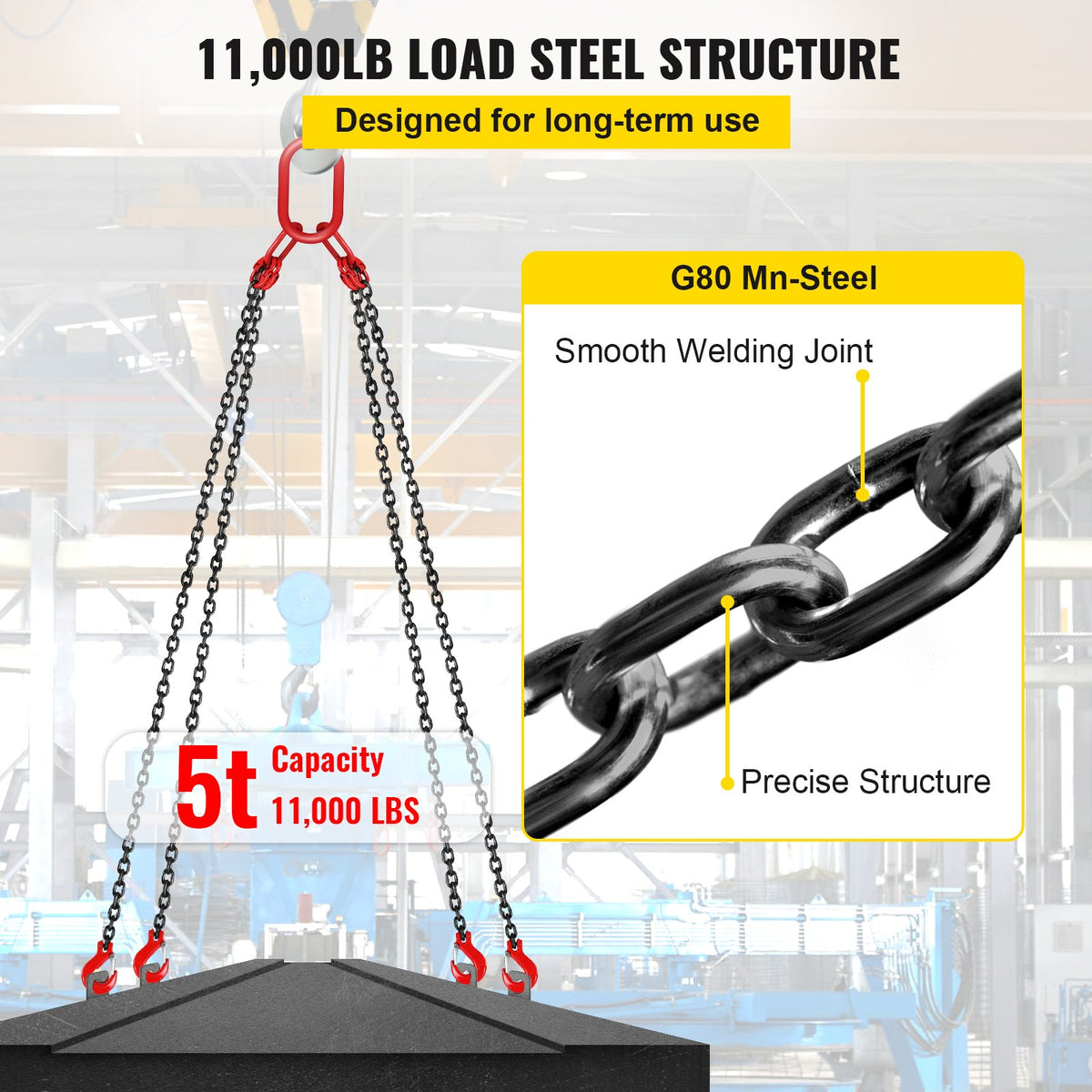 10ft Lifting Chain Sling, 5/16 inch Hanging Lift Chain, 11000lbs Capacity G80 Alloy Steel Engine Chain Hoist Lifts Heavyy Duty 5 Ton with 4 Leg Grab Hooks and Adjuster