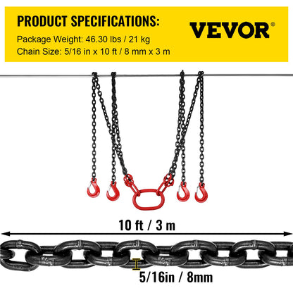 10ft Lifting Chain Sling, 5/16 inch Hanging Lift Chain, 11000lbs Capacity G80 Alloy Steel Engine Chain Hoist Lifts Heavyy Duty 5 Ton with 4 Leg Grab Hooks and Adjuster