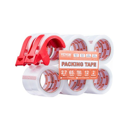 Clear Packing Tape, 3 inches Core, 12 Rolls 1.88 Inches x 65 Yards Packing Tape with Dispenser, 2.7 Mil Heavy Duty Packaging Tape Designed for Moving, Storage and Packing, Shipping and Mailing