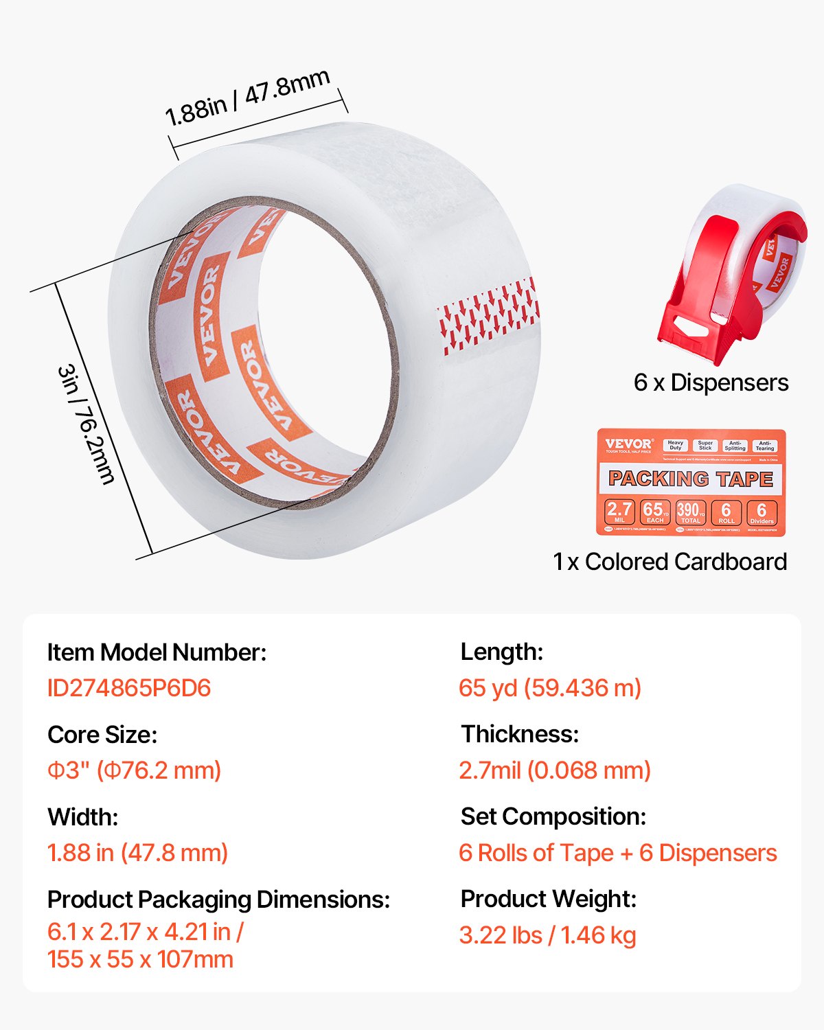 Genomskinlig packtejp, 7,5 cm kärna, 6 rullar 4,8 cm x 65 yards packtejp med dispenser, 2,7 mil kraftig packtejp utformad för flytt, förvaring och packning, frakt och utskick
