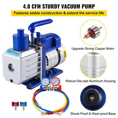 Vacuum Pump Kit HVAC Single Stage AC Vacuum Pump 283 L/min(4.8CFM) 246W(1/3HP) Air Vacuum Pump with 3 Valve A/C Manifold Gauge Set Refrigerant Air Conditioning