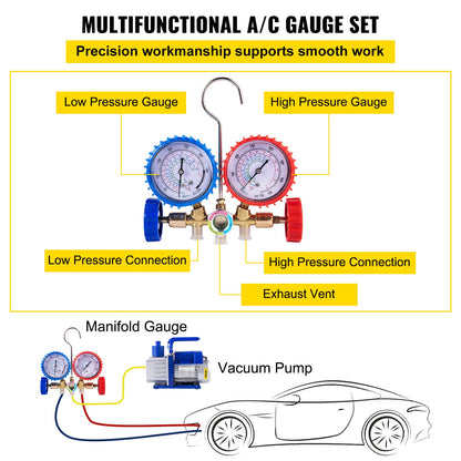 Vacuum Pump Kit HVAC Single Stage AC Vacuum Pump 283 L/min(4.8CFM) 246W(1/3HP) Air Vacuum Pump with 3 Valve A/C Manifold Gauge Set Refrigerant Air Conditioning