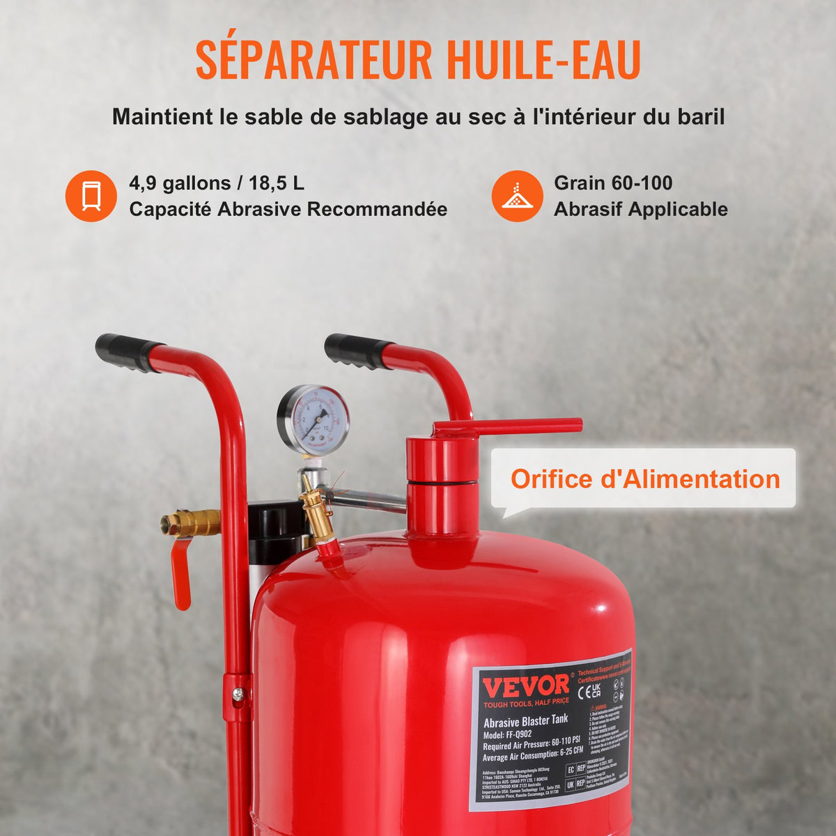 10Gal/40L sandbläster utrustad med munstyckets avstängningsventil, tryckmätare, keramiskt munstycke, 2,5m slang, påfyllningstratt, vattenlås, 6" gummihjul, sandbläster med gruskraft, bärbar sandblästringsutrustning