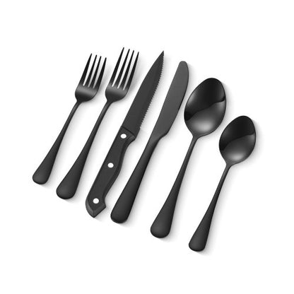 48-Piece Black Silverware Set with Steak Knives, Food-Grade Stainless Steel Flatware Utensils for 8, Mirror Finished Cutlery Set, Dishwasher Safe Eating Tableware for Kitchen Home, Service for 8