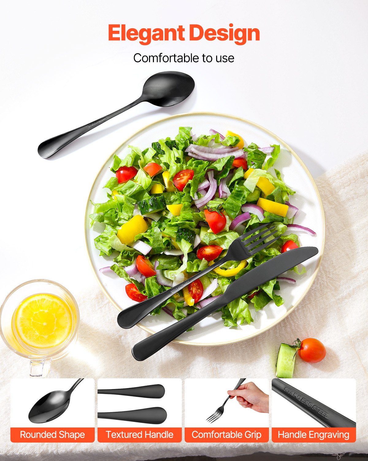 48-Piece Black Silverware Set with Steak Knives, Food-Grade Stainless Steel Flatware Utensils for 8, Mirror Finished Cutlery Set, Dishwasher Safe Eating Tableware for Kitchen Home, Service for 8