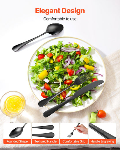 48-Piece Black Silverware Set with Steak Knives, Food-Grade Stainless Steel Flatware Utensils for 8, Mirror Finished Cutlery Set, Dishwasher Safe Eating Tableware for Kitchen Home, Service for 8