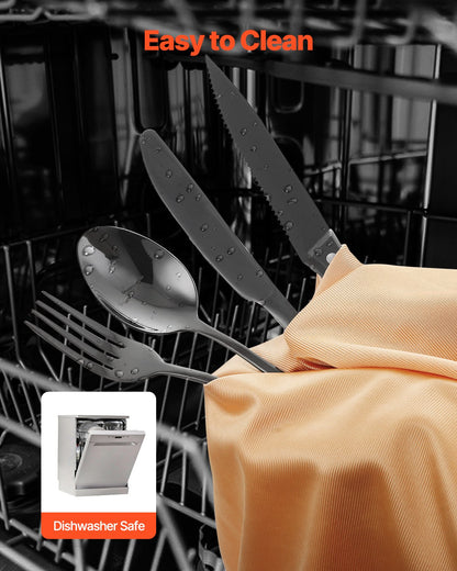 48-Piece Black Silverware Set with Steak Knives, Food-Grade Stainless Steel Flatware Utensils for 8, Mirror Finished Cutlery Set, Dishwasher Safe Eating Tableware for Kitchen Home, Service for 8