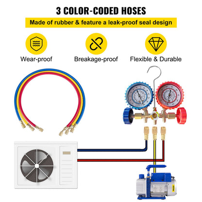 4CFM 1/4hk luftvakuumpump HVAC kylning AC grenrör mätare set R134a kit