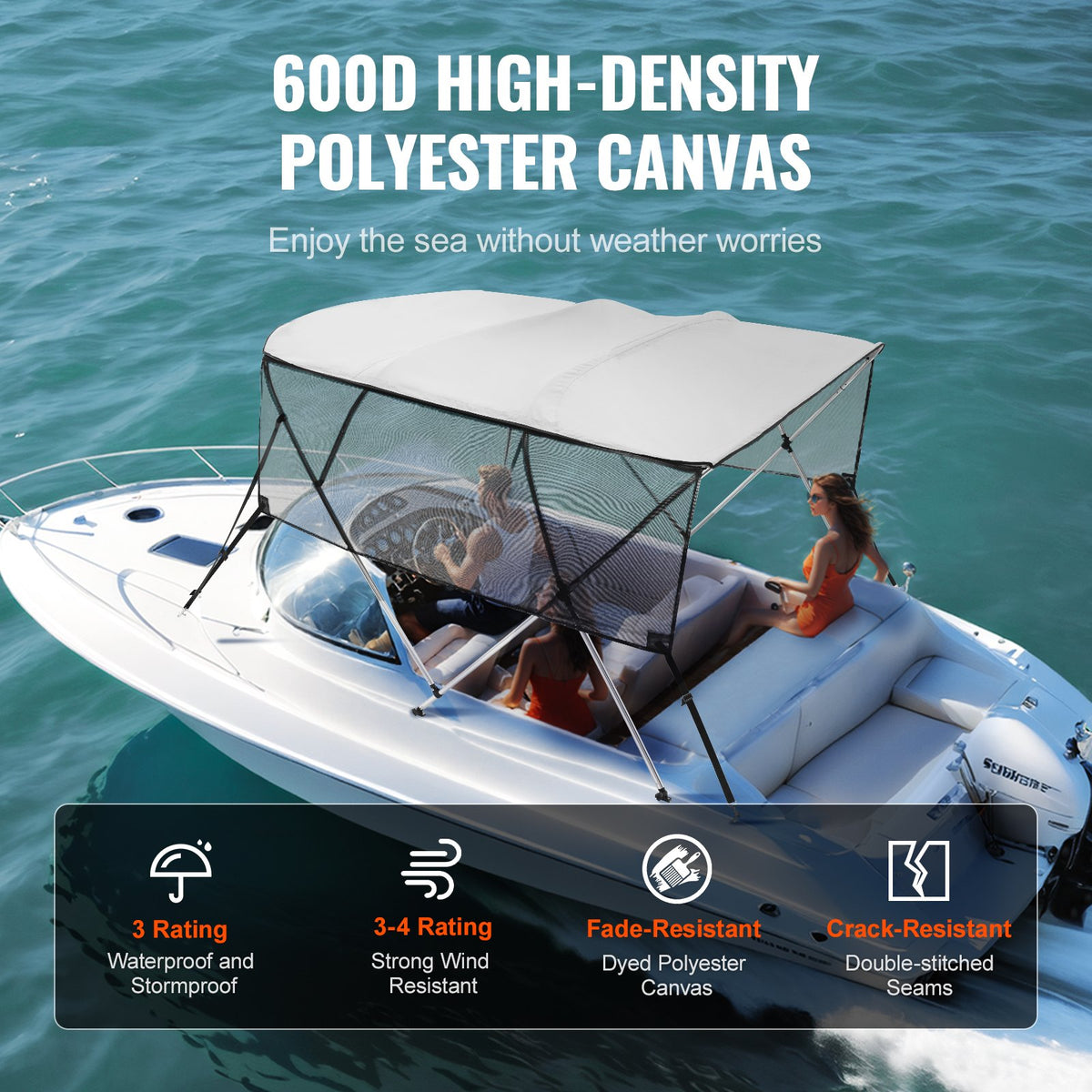 4 Bow Bimini Top Boat Cover, Detachable Mesh Sidewalls, 600D Polyester Canopy with 1" Aluminum Alloy Frame, Includes Storage Boot, 2 Support Poles, 2 Straps, 8'L x 54"H x 85"-90"W, Light Grey