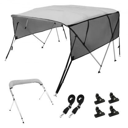 Båtkapell med biminitop och 4 bogar, avtagbara nätsidoväggar, 600D polyesterkapell med 2,5 cm aluminiumram, inklusive förvaringsstativ, 2 stödstänger, 2 remmar, 20 cm L x 142 cm H x 232 cm B, ljusgrå