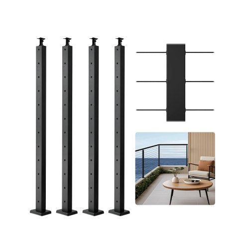 4-pack kabelräckesstolpe, 42x1x2 tum horisontellt hål för däckräcke med förborrade hål, kabelräckesstolpe i rostfritt stål med horisontellt och böjt fäste, svart, 4JZLGZXHS106REP67001V0