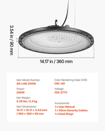 10 Pack LED High Bay Lights, 5000K 200W 30000LM Super Bright UFO LED Warehouse Shop Lights, IP65 Waterproof, 100-277V Wide Voltage for Warehouse Workshop Factory Gym Garage Barn, Black