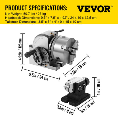 BS-0 Precision Dividing Head, Horizontal Dividing Head with 3-Jaw Chuck, MT2 Tailstock BS-0 12.7 cm Semi Universal Dividing Head for Milling Machine Mill Gear Cutting