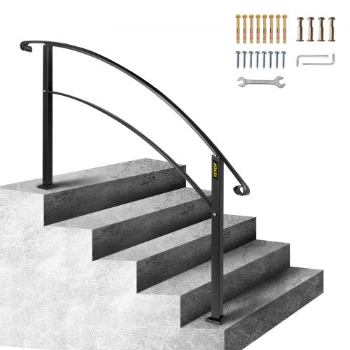Handrails for Outdoor Steps, Fit 1 or 5 Steps Outdoor Stair Railing, Black Wrought Iron Handrail, Flexible Front Porch Hand Rail, Transitional Handrails for Concrete Steps or Wooden Stairs