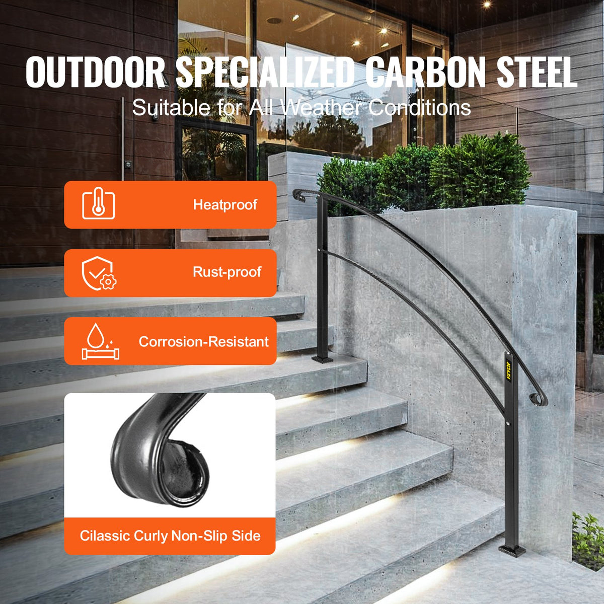 Handrails for Outdoor Steps, Fit 1 or 5 Steps Outdoor Stair Railing, Black Wrought Iron Handrail, Flexible Front Porch Hand Rail, Transitional Handrails for Concrete Steps or Wooden Stairs